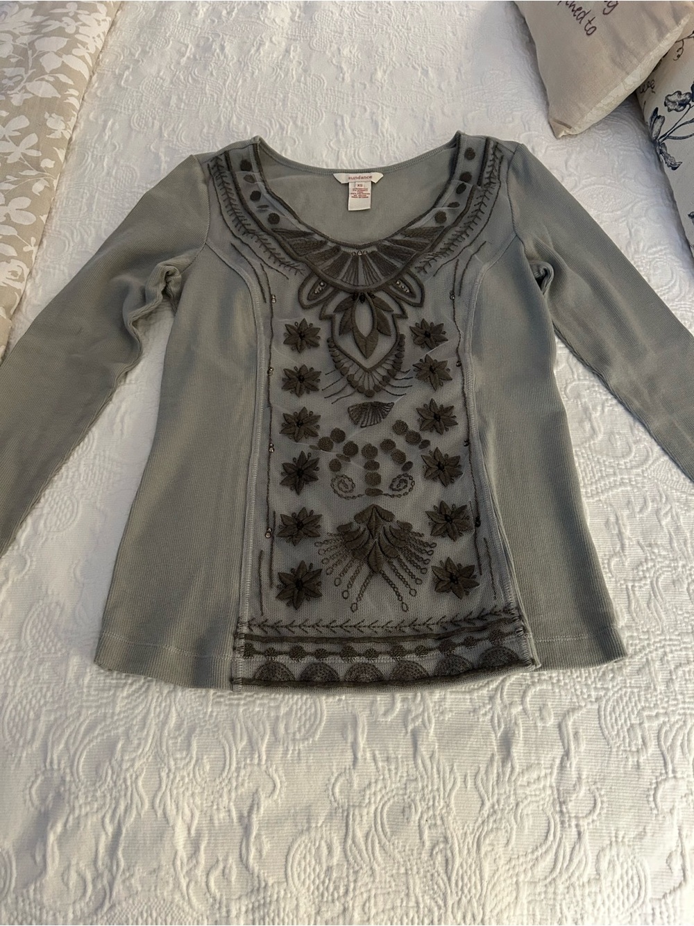 Sundance Grey Long Sleeve Top with Dark Embroidery